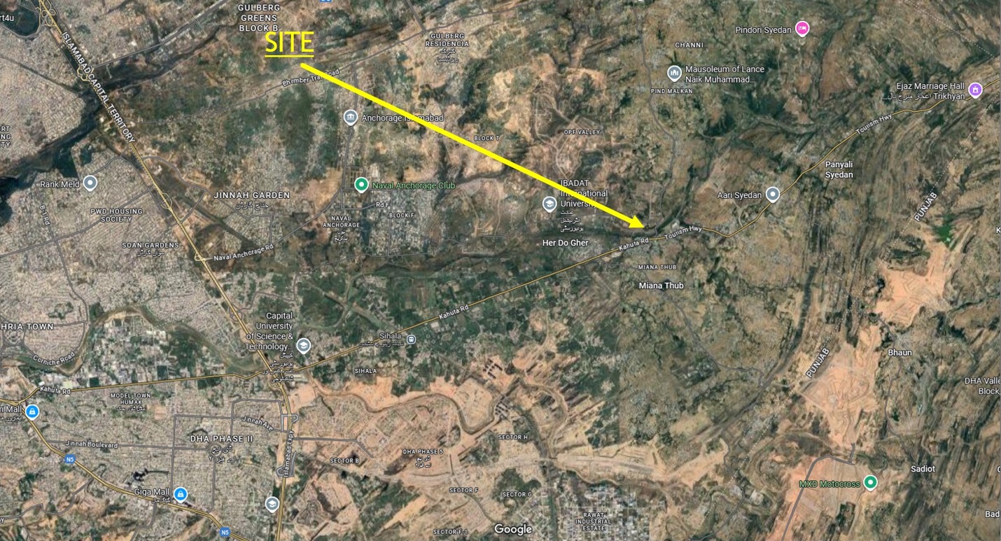 Satellite map showing the site location of Markazi Jamia Masjid Al-Makkah City within Al-Makkah City Housing Scheme, Zone-5, Islamabad